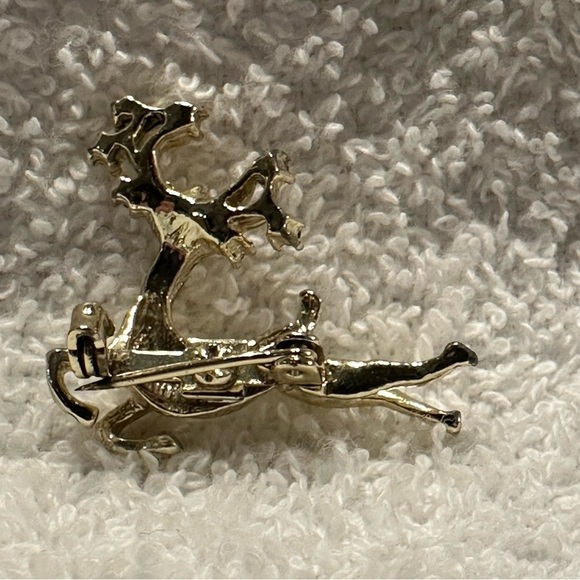 Vintage Gold Tone Reindeer Brooch Rhinestone Antlers Christmas - Picture 5 of 6